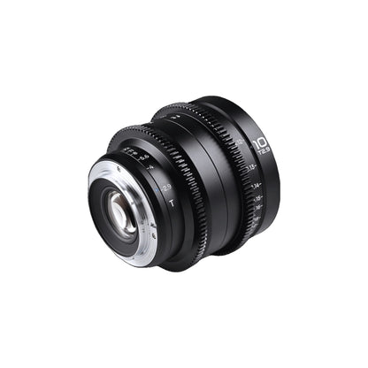 Laowa 10mm T2.9 lens viewed from left profile showing the chrome bayonet mount and focus/iris rings against white background.