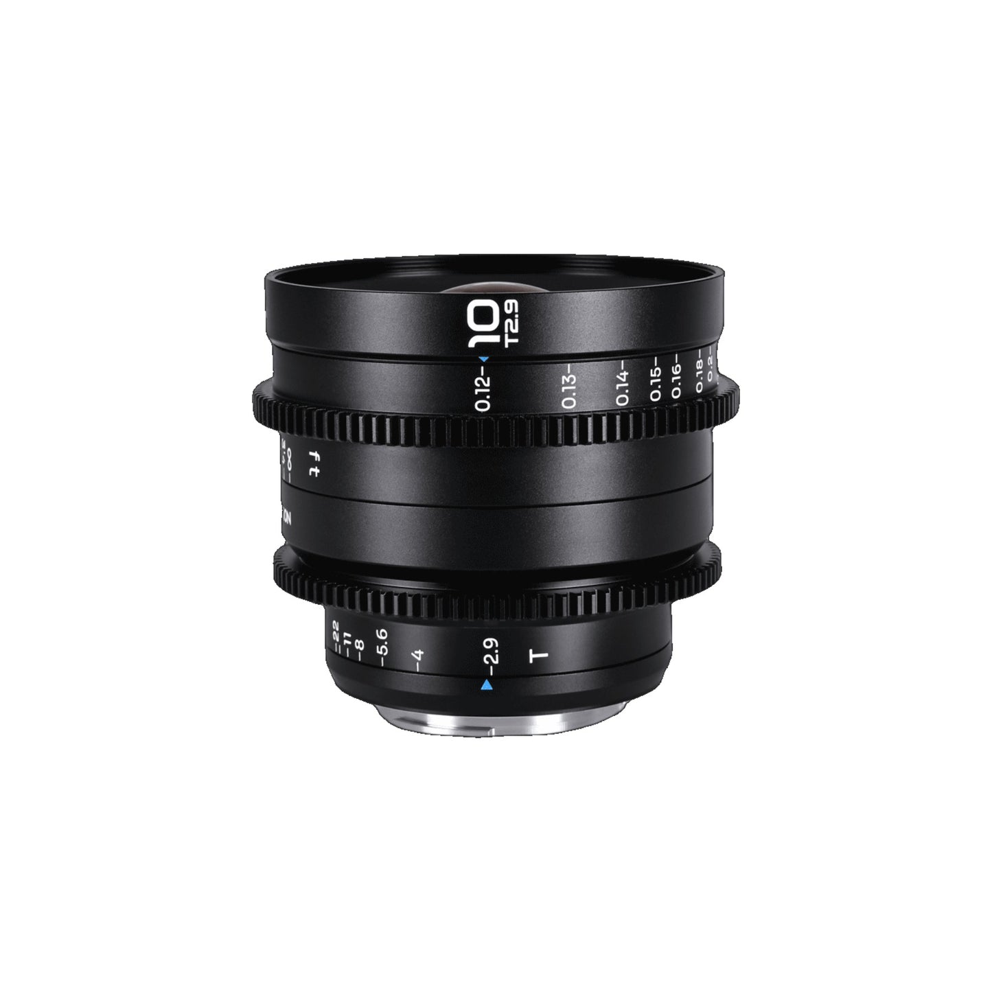 Laowa 10mm T2.9 lens viewed straight-on against clean white background, showing focus ring and aperture markings clearly.