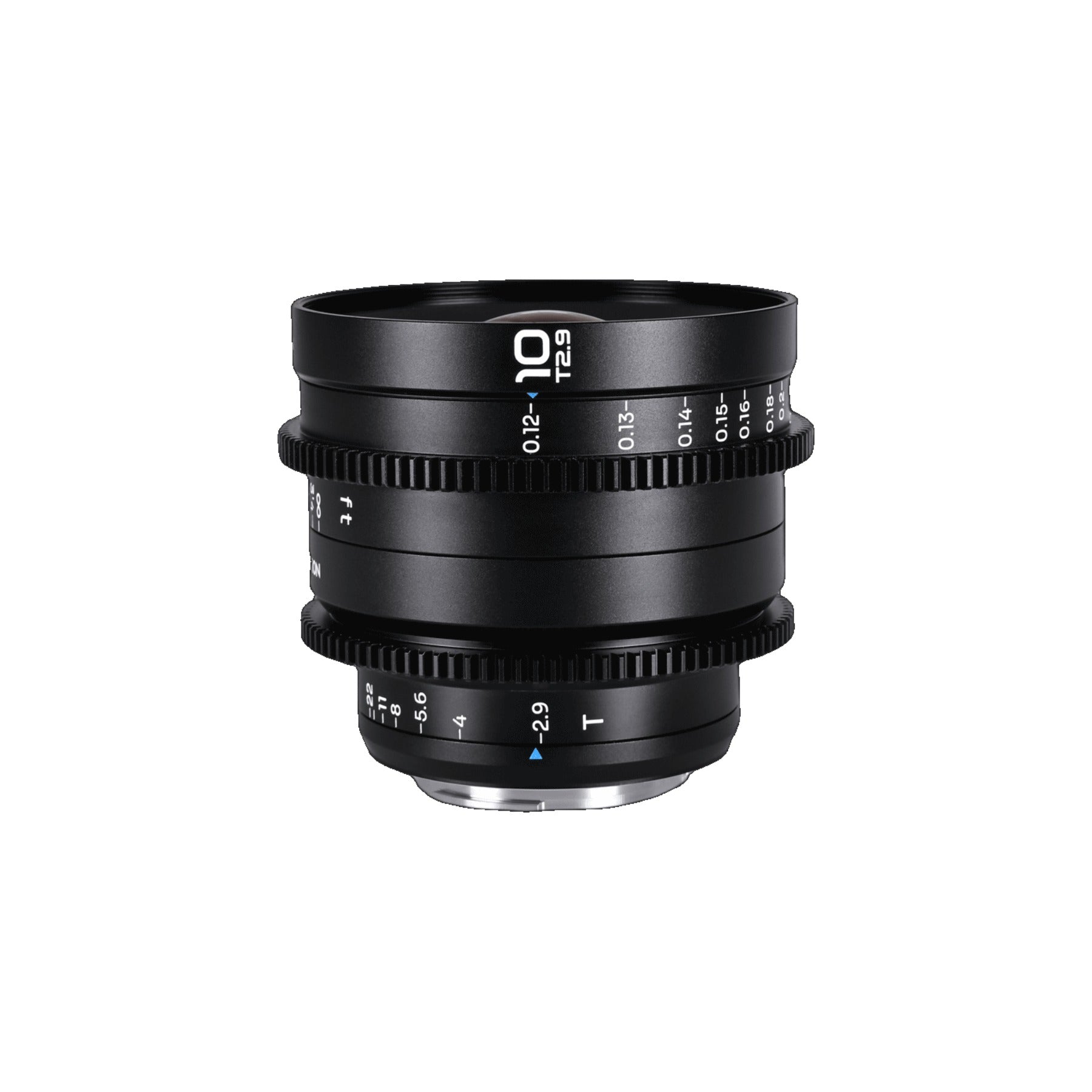 Laowa 10mm T2.9 lens viewed straight-on against clean white background, showing focus ring and aperture markings clearly.
