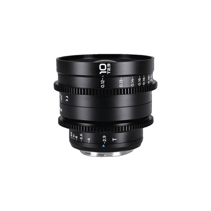Laowa 10mm T2.9 lens viewed straight-on against clean white background, showing focus ring and aperture markings clearly.