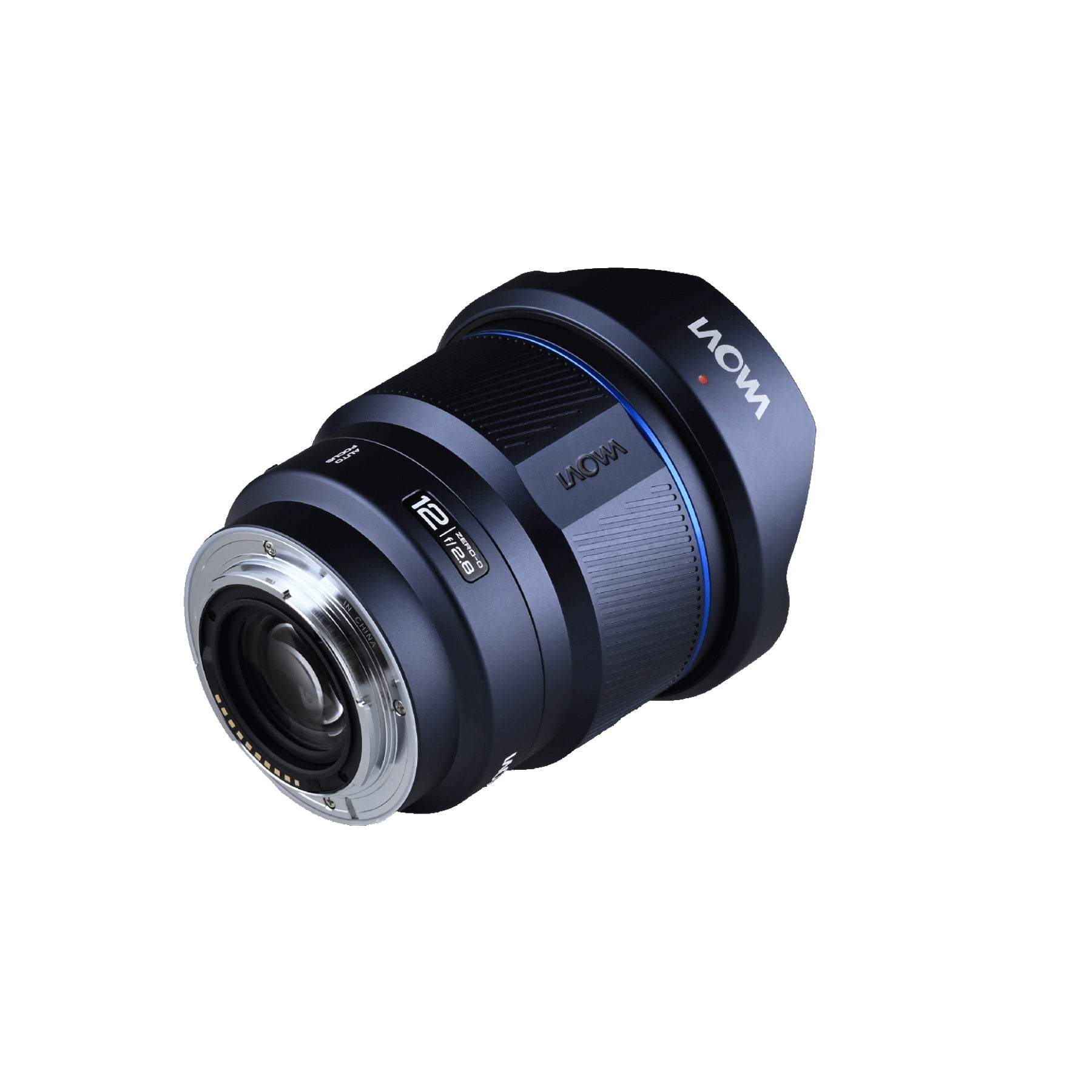 Laowa 12mm f/2.8 positioned to emphasize the rear mount assembly and AF/focus indicators, shot from lower angle showing the mount threads and bayonet connection clearly.