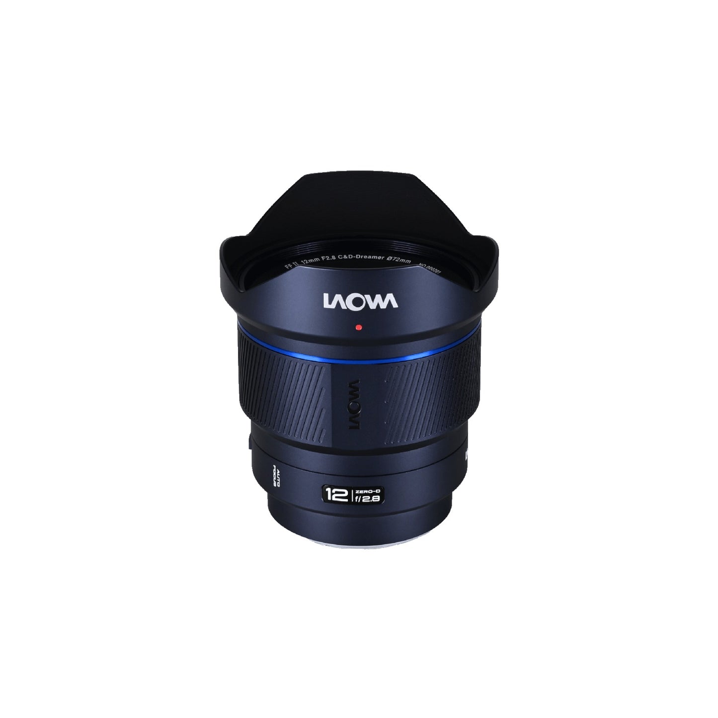 Laowa 12mm f/2.8 in straight front orientation with hood expanded, rendered against white background showing full lens barrel and mounted specifications.