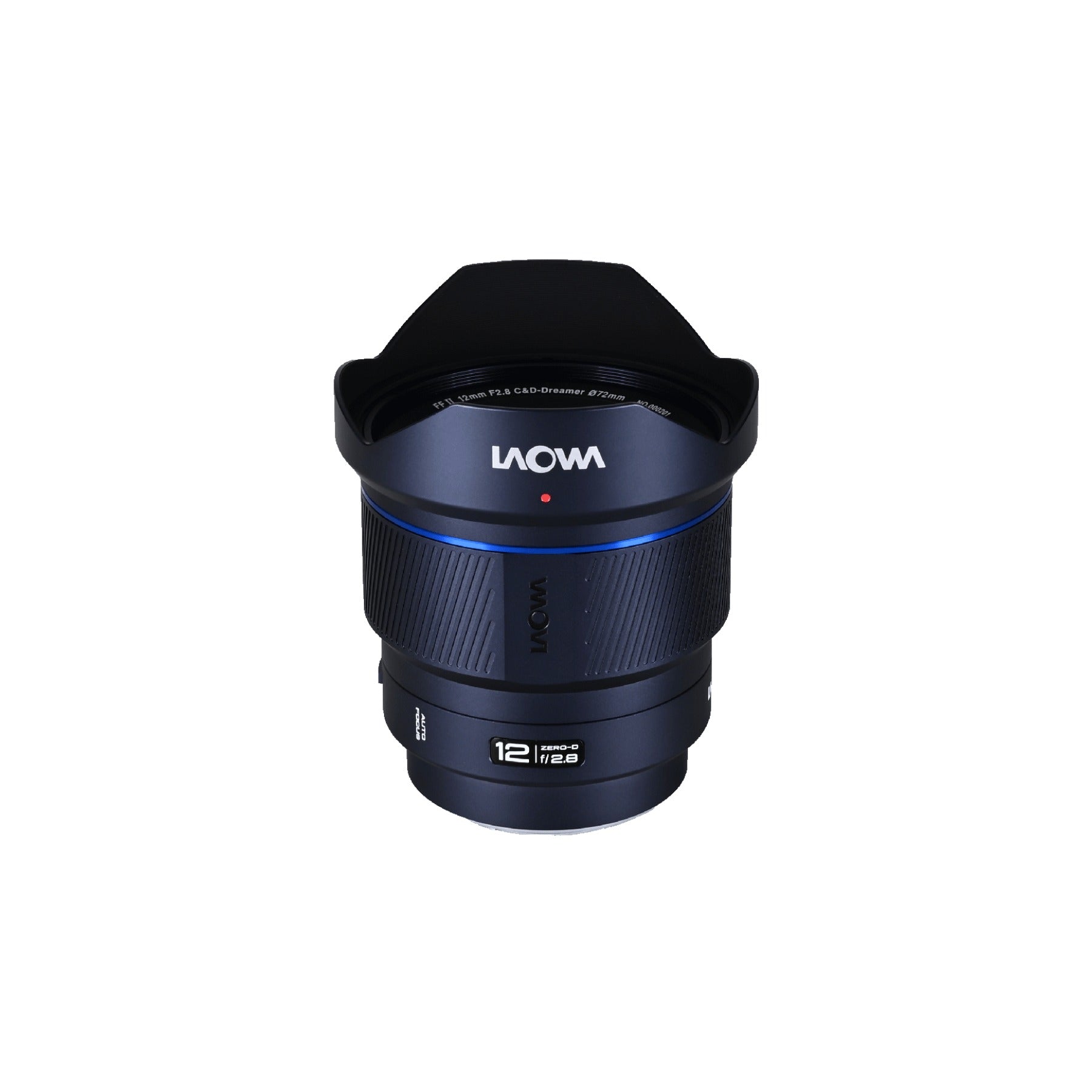 Laowa 12mm f/2.8 in straight front orientation with hood expanded, rendered against white background showing full lens barrel and mounted specifications.