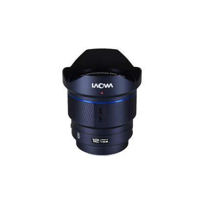 Laowa 12mm f/2.8 in straight front orientation with hood expanded, rendered against white background showing full lens barrel and mounted specifications.