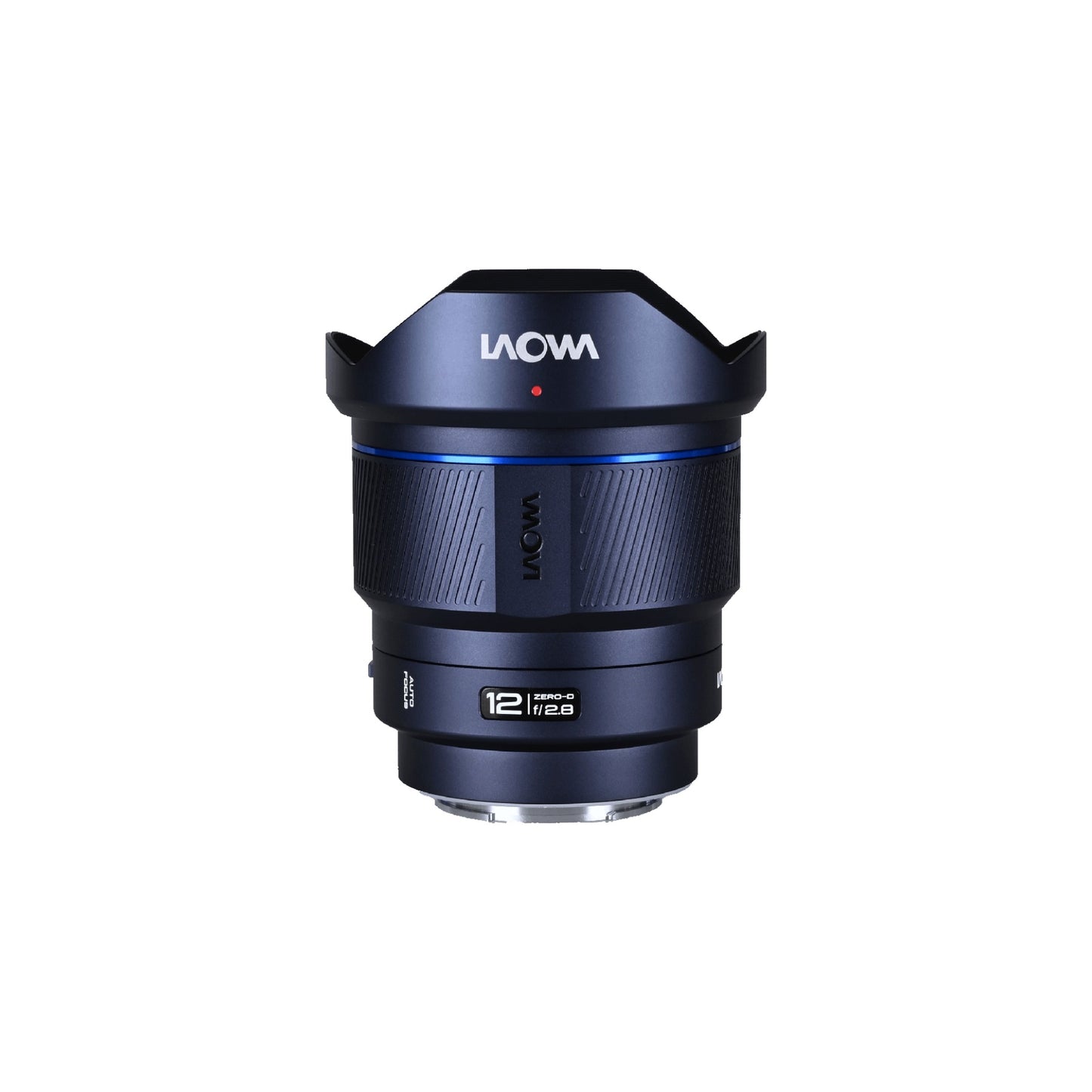 Laowa 12mm f/2.8 lens positioned directly front-facing with the distinctive wide hood deployed, showing LAOWA branding, red indicator dot, and 12/ZERO-D f/2.8 specifications clearly visible against a clean white background.
