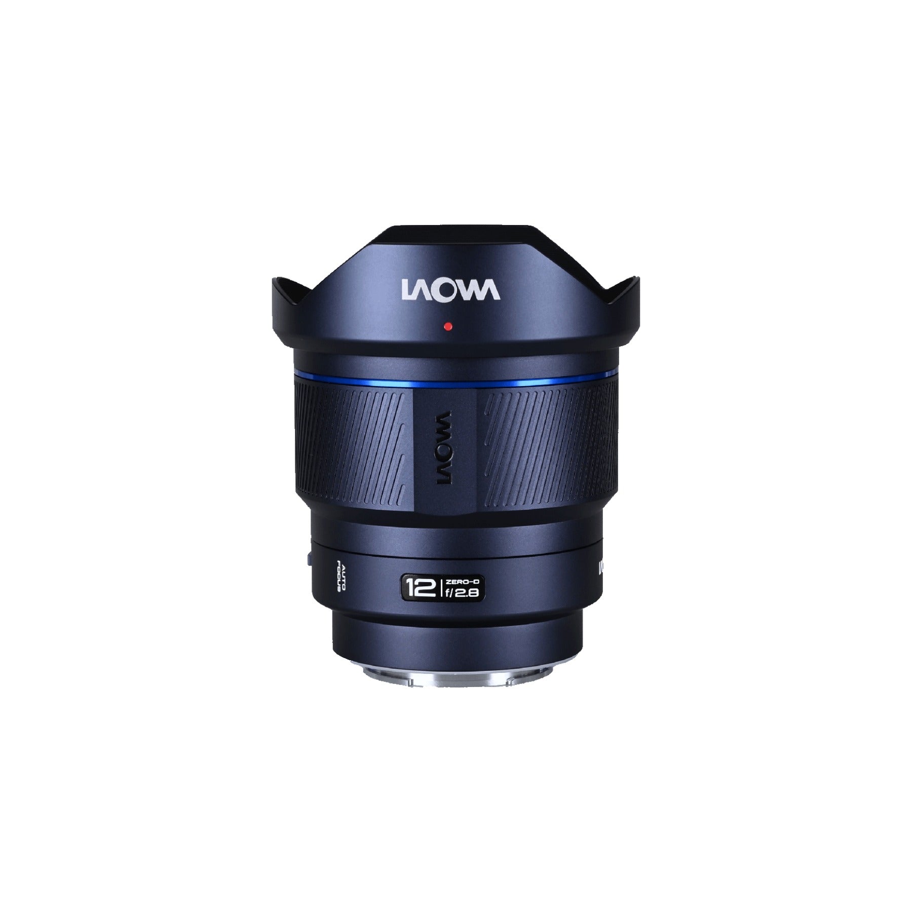 Laowa 12mm f/2.8 lens positioned directly front-facing with the distinctive wide hood deployed, showing LAOWA branding, red indicator dot, and 12/ZERO-D f/2.8 specifications clearly visible against a clean white background.