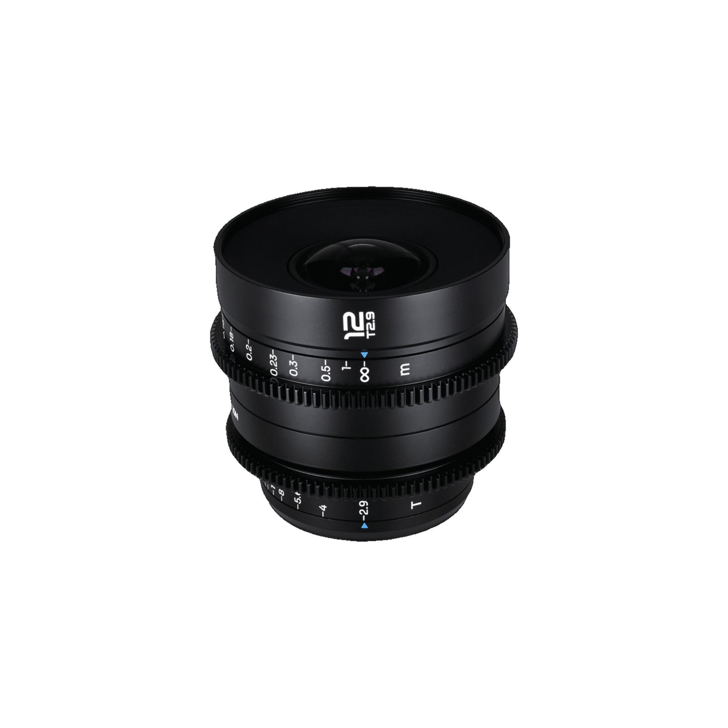 Laowa 12mm T2.9 Lite Zero-D lens viewed from slightly above-front angle, front element and focus ring clearly visible with white background.