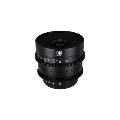 Laowa 12mm T2.9 Lite Zero-D lens viewed from slightly above-front angle, front element and focus ring clearly visible with white background.