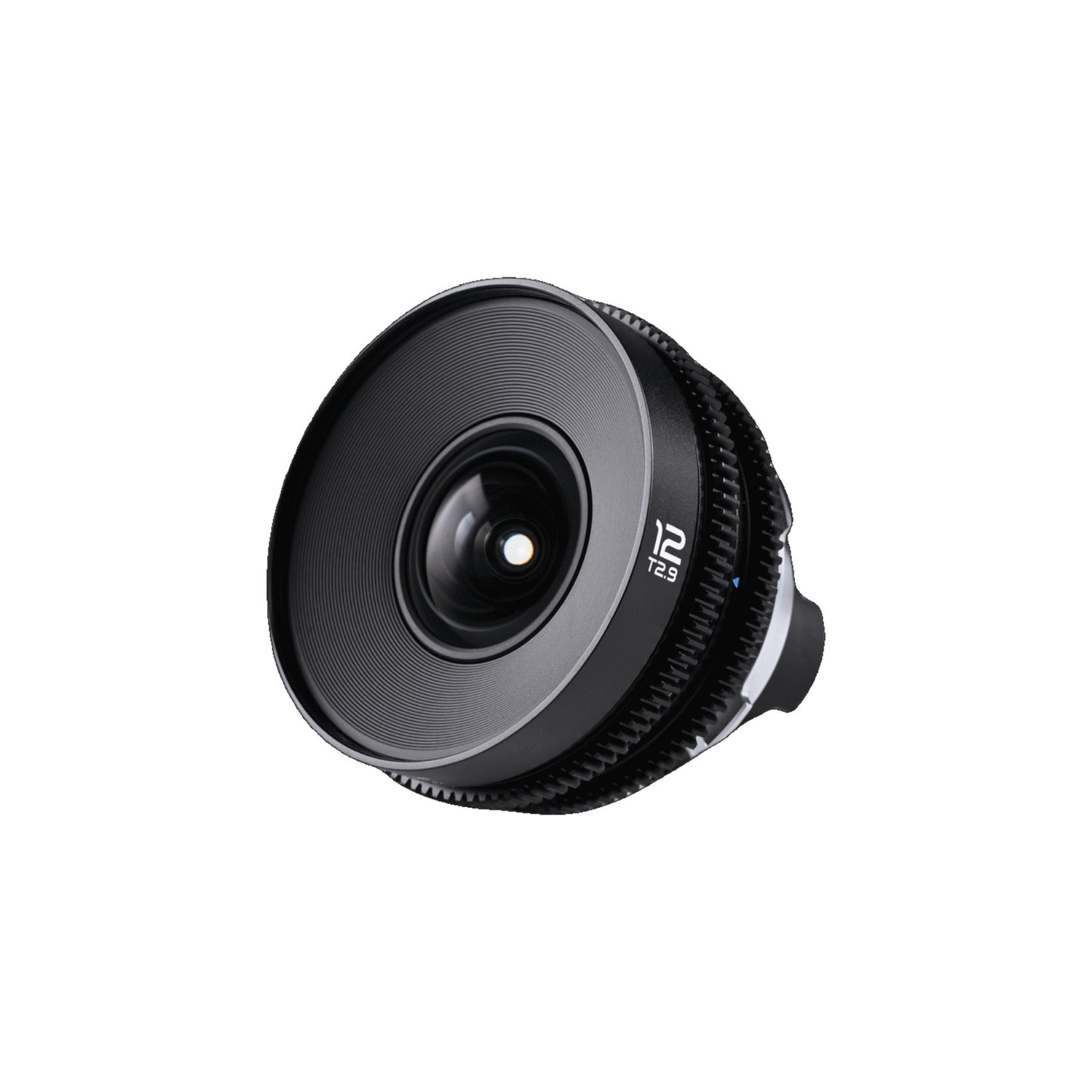 Laowa 12mm T2.9 Lite Zero-D lens from front-left angle, emphasizing the protruding front optics and ribbed focus ring detail.