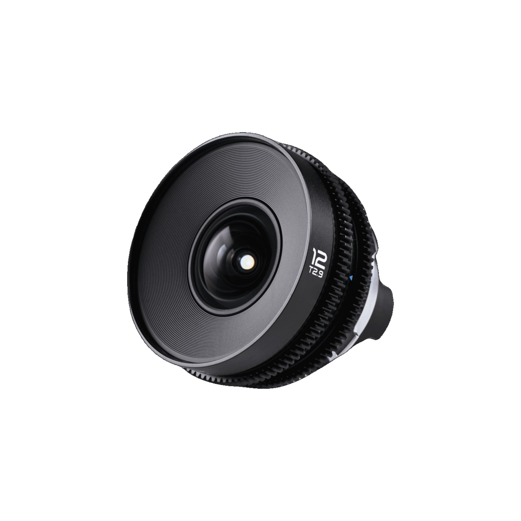 Laowa 12mm T2.9 Lite Zero-D lens from front-left angle, emphasizing the protruding front optics and ribbed focus ring detail.