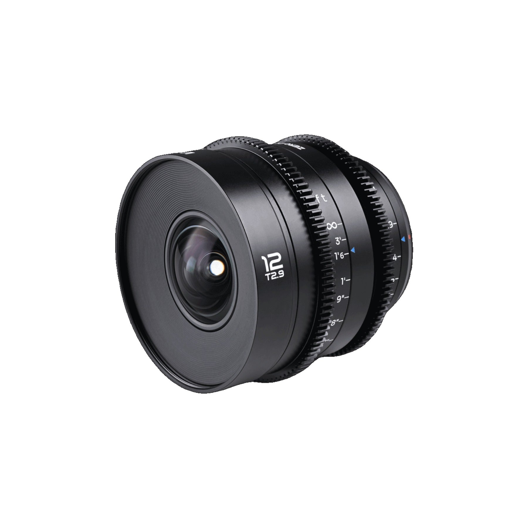 Laowa 12mm T2.9 Lite Zero-D lens from front-right, large front element dominating frame with visible control markings and branding on barrel.