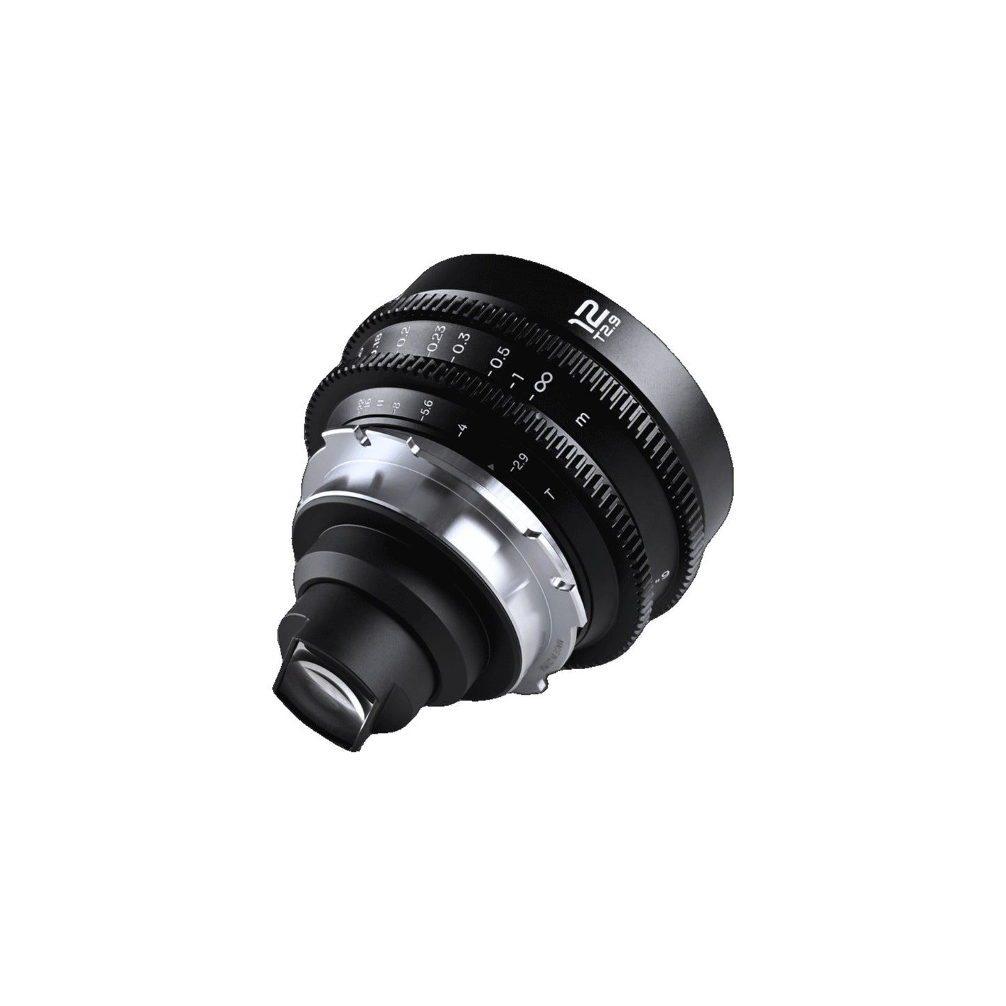 Laowa 12mm T2.9 Lite Zero-D lens viewed from the mount side in a tilted angle, revealing focus/T-stop rings and the full lens barrel profile.