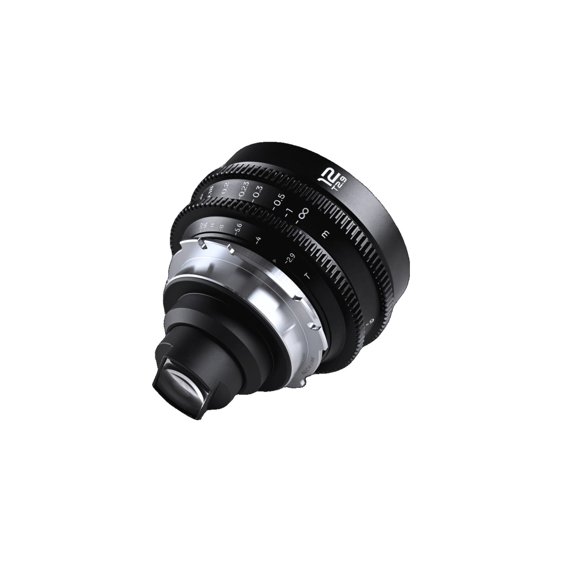 Laowa 12mm T2.9 Lite Zero-D lens viewed from the mount side in a tilted angle, revealing focus/T-stop rings and the full lens barrel profile.