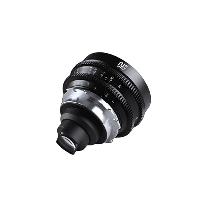 Laowa 12mm T2.9 Lite Zero-D lens viewed from the mount side in a tilted angle, revealing focus/T-stop rings and the full lens barrel profile.