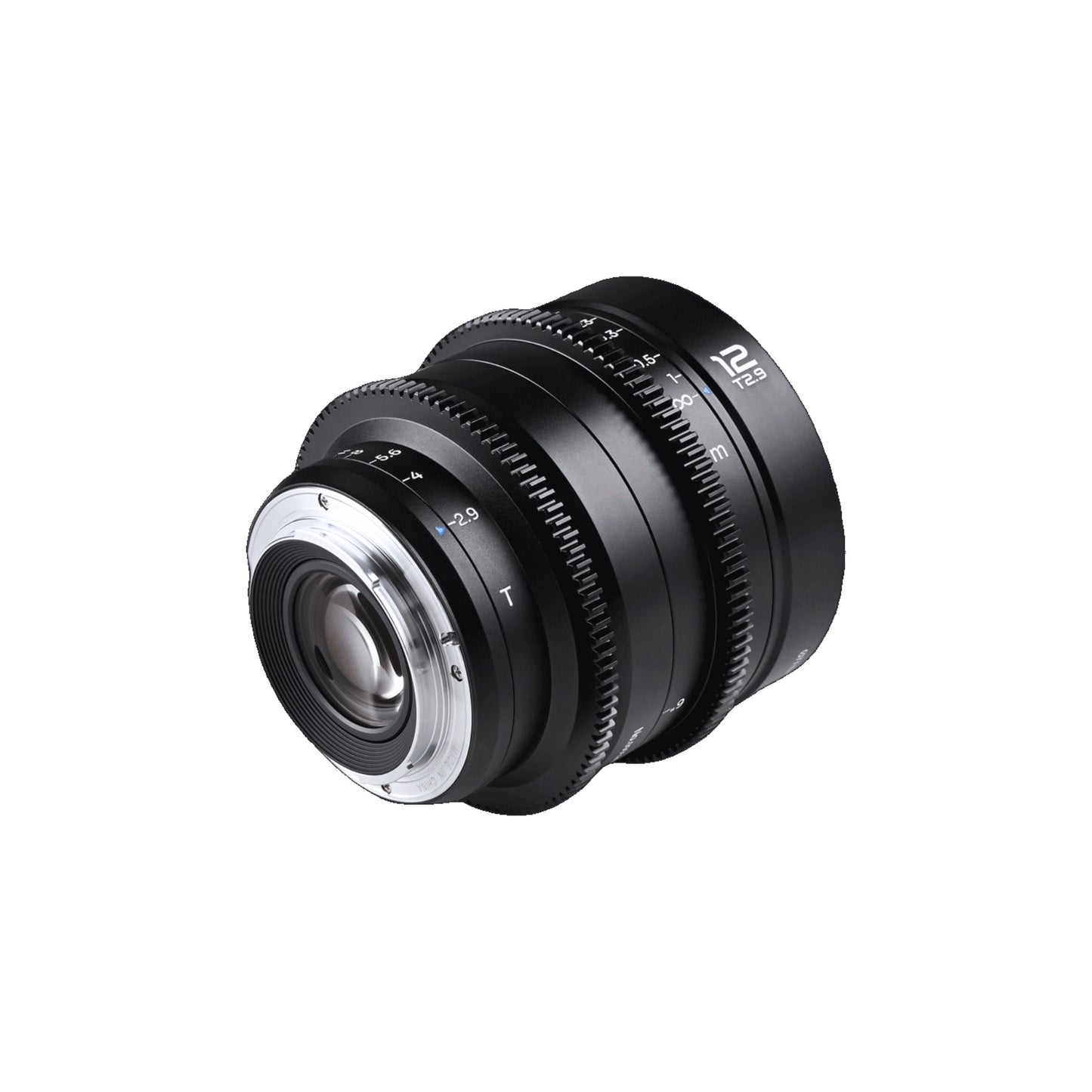 Laowa 12mm T2.9 Lite Zero-D lens in three-quarter perspective showing the rear mount assembly, control rings, and side profile against white background.