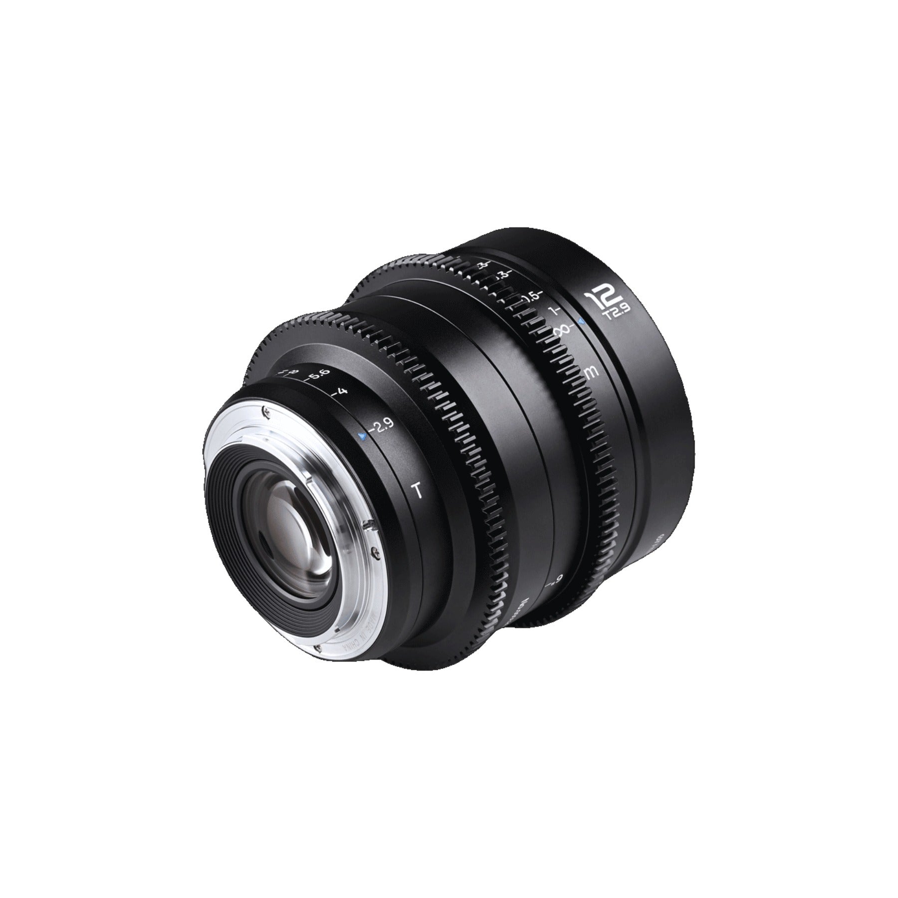 Laowa 12mm T2.9 Lite Zero-D lens in three-quarter perspective showing the rear mount assembly, control rings, and side profile against white background.