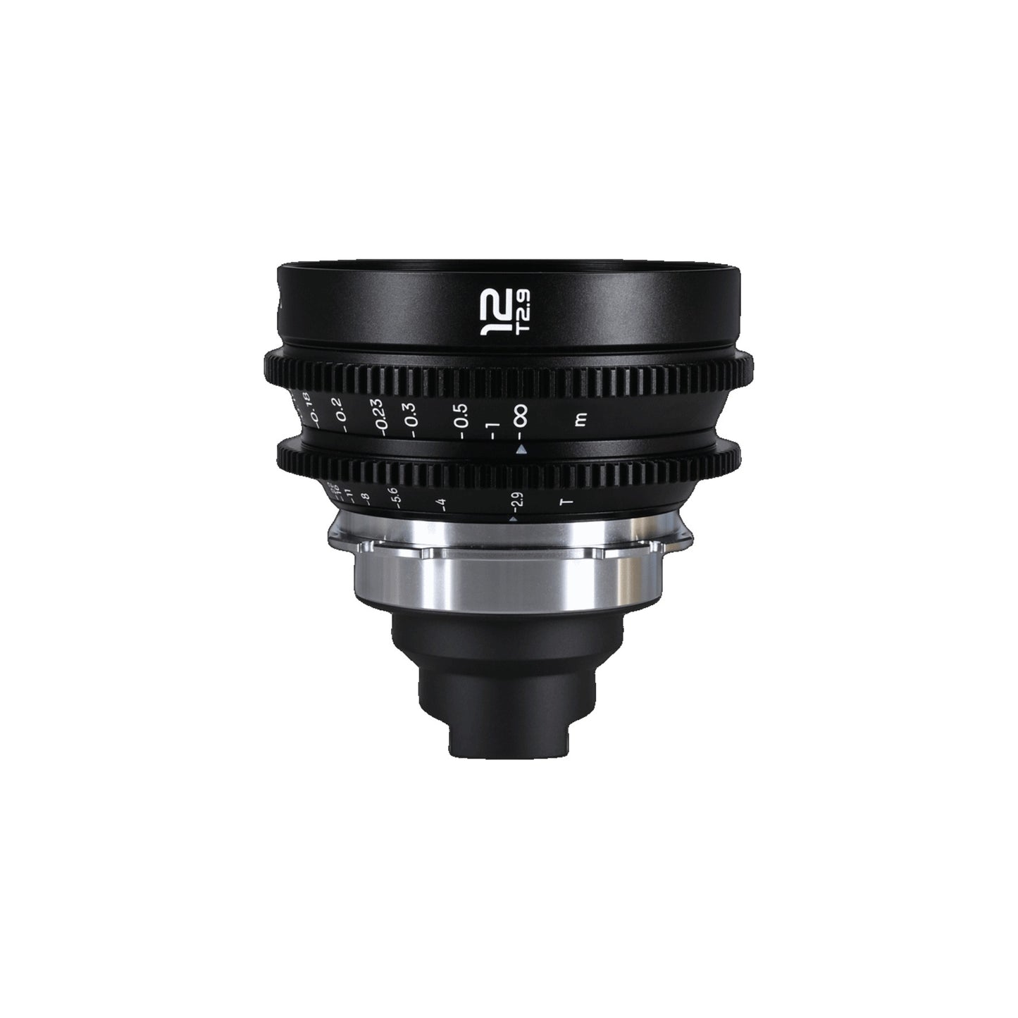 Laowa 12mm T2.9 Lite Zero-D lens viewed from above, showing dual focus and T-stop rings with engraved markings against white background.