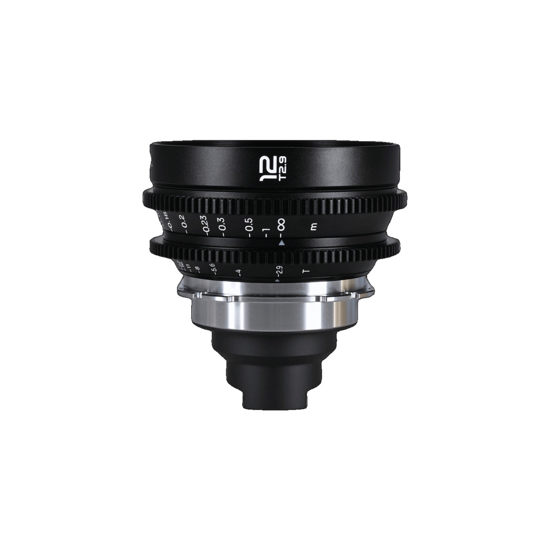 Laowa 12mm T2.9 Lite Zero-D lens viewed from above, showing dual focus and T-stop rings with engraved markings against white background.