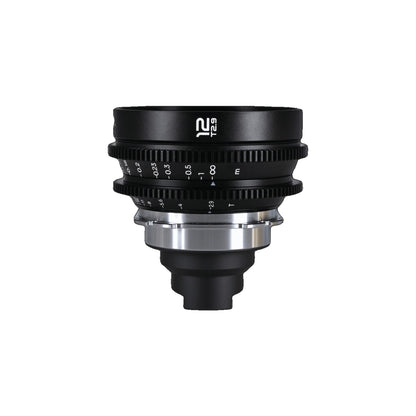 Laowa 12mm T2.9 Lite Zero-D lens viewed from above, showing dual focus and T-stop rings with engraved markings against white background.