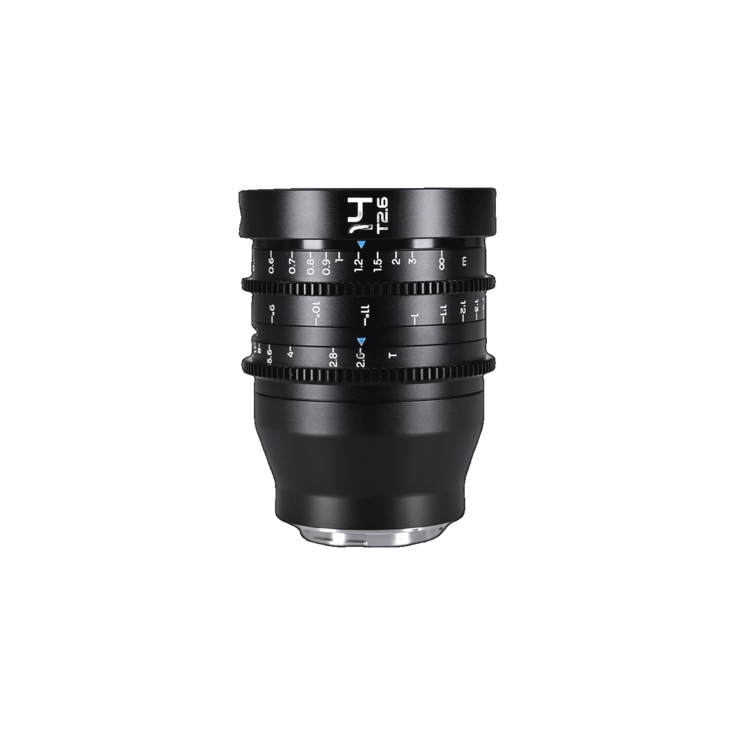 Laowa 14mm T2.6 lens centered and vertically oriented on neutral background, displaying barrel markings and metal mount clearly.