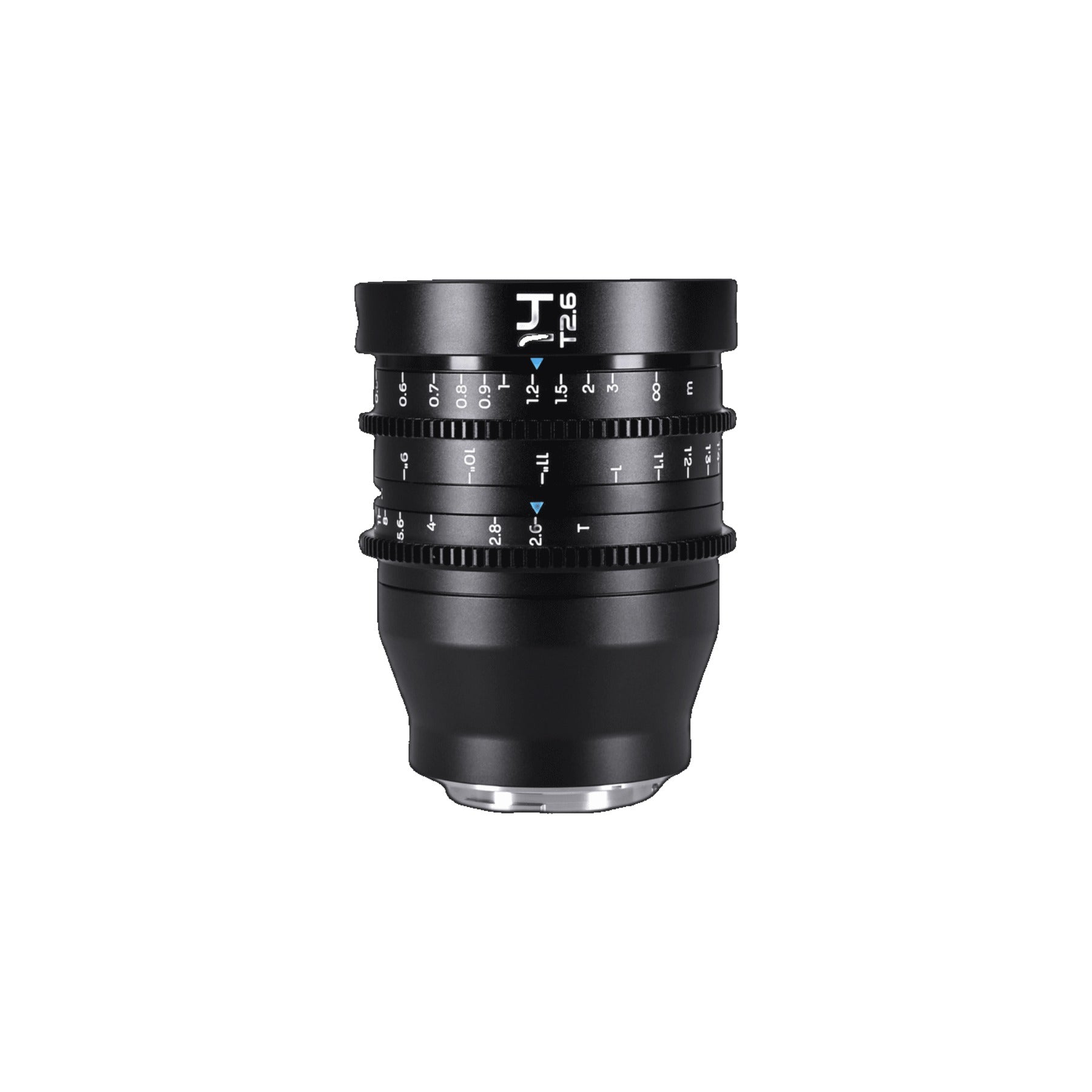 Laowa 14mm T2.6 lens centered and vertically oriented on neutral background, displaying barrel markings and metal mount clearly.
