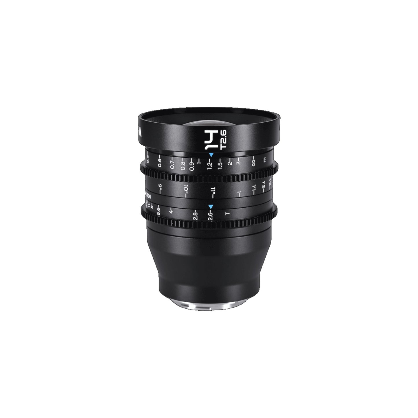 Laowa 14mm T2.6 lens standing upright on neutral background, displaying scale markings and metallic mount base.