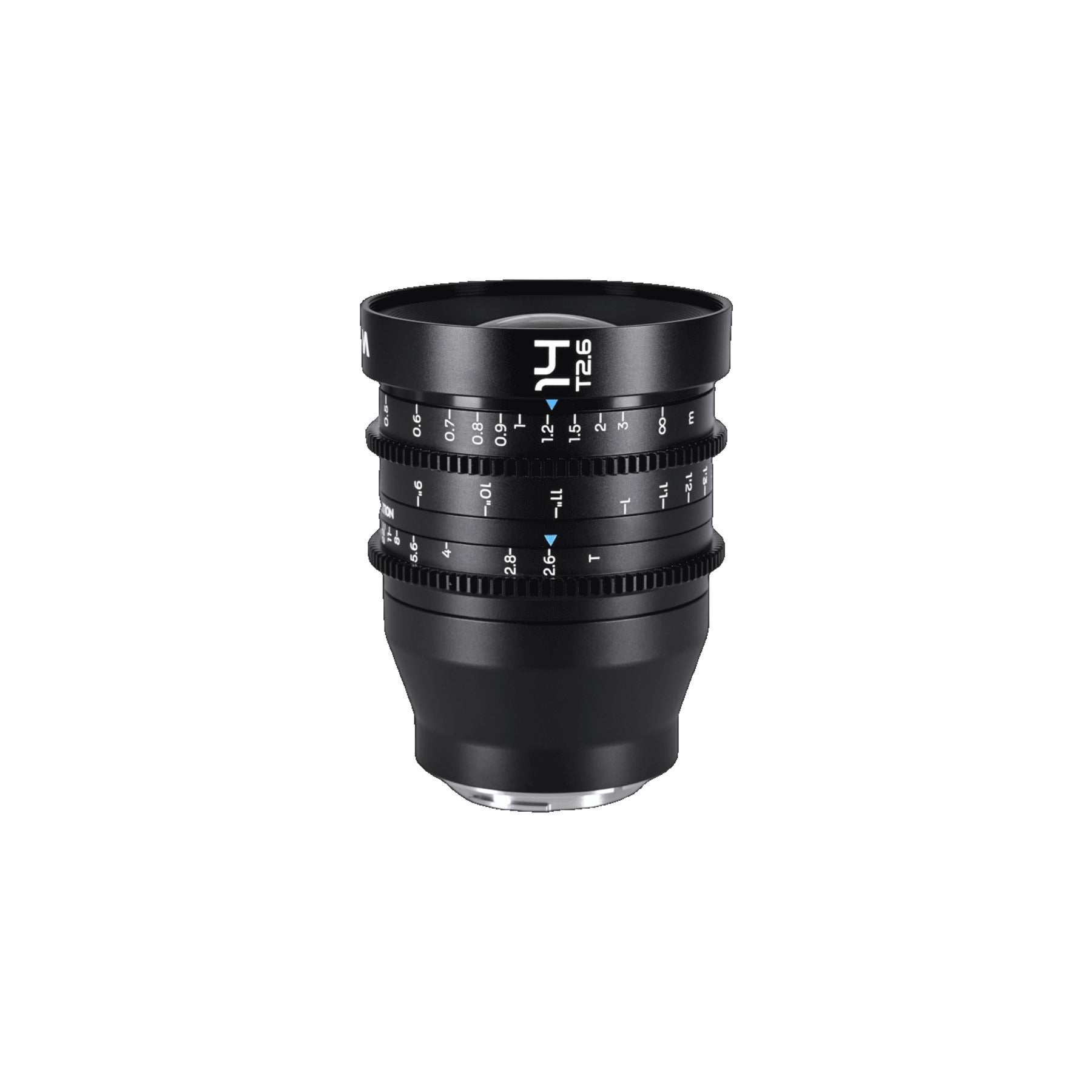Laowa 14mm T2.6 lens standing upright on neutral background, displaying scale markings and metallic mount base.