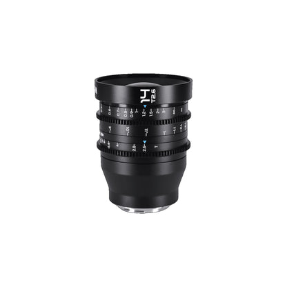 Laowa 14mm T2.6 lens standing upright on neutral background, displaying scale markings and metallic mount base.