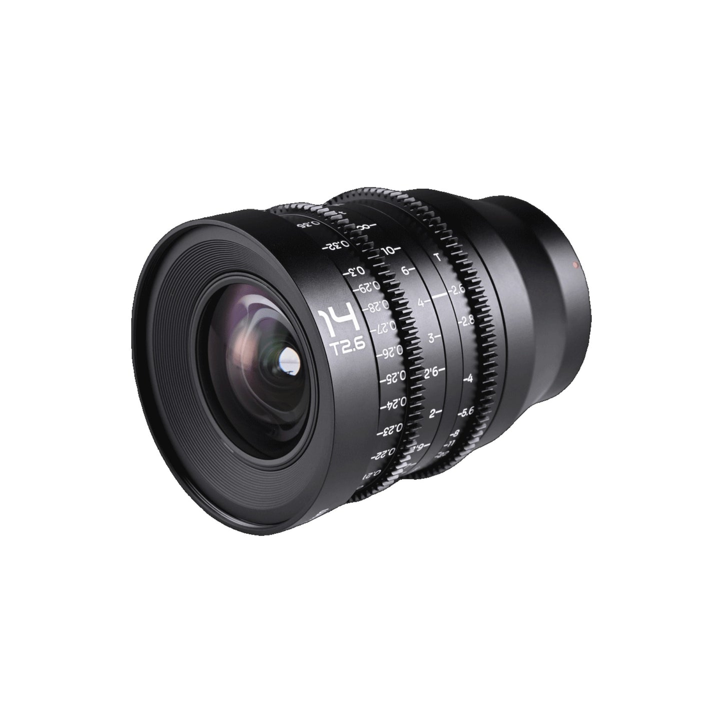 Laowa 14mm T2.6 positioned at oblique angle emphasizing the large front glass element, focus scale, and T2.6 designation.