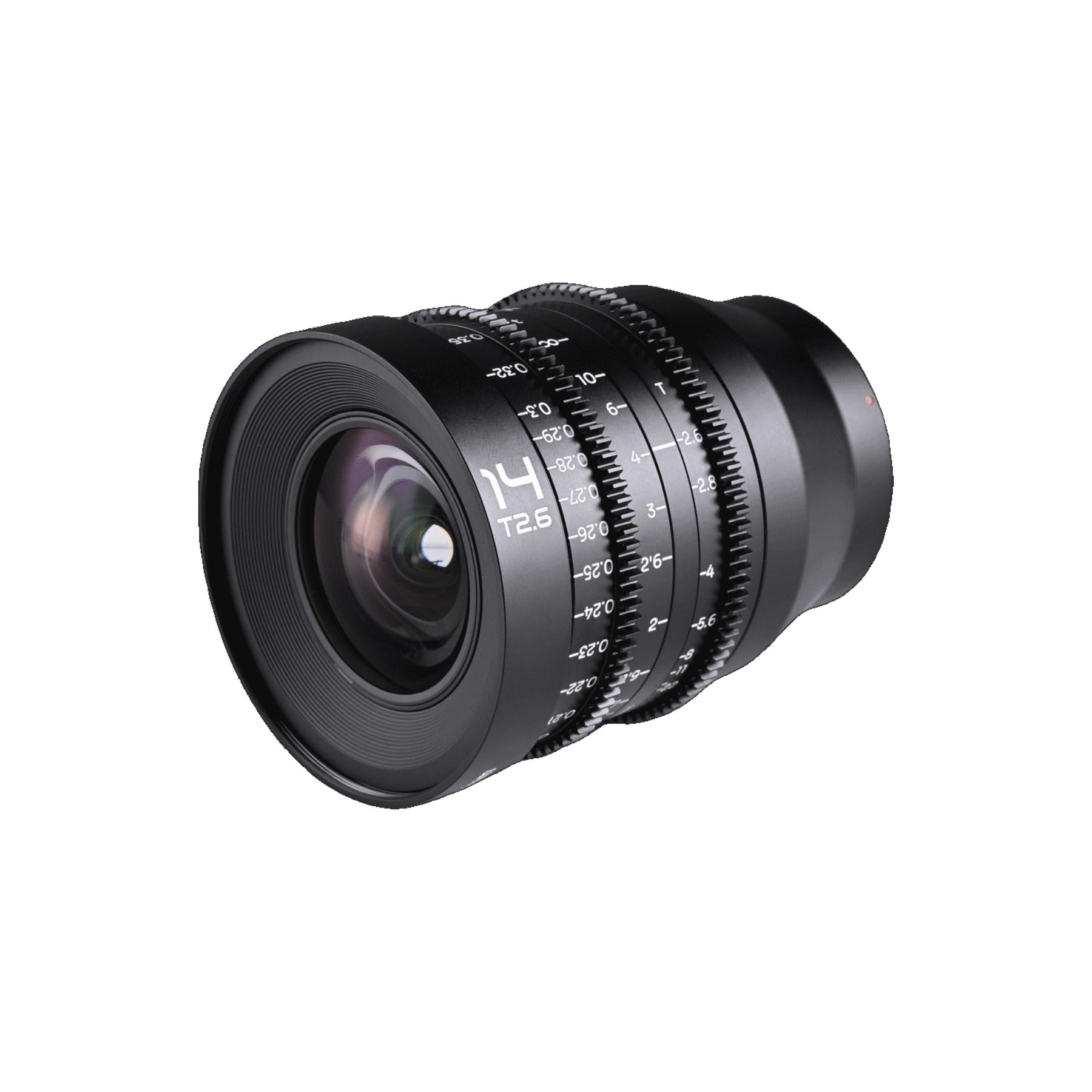Laowa 14mm T2.6 positioned at oblique angle emphasizing the large front glass element, focus scale, and T2.6 designation.