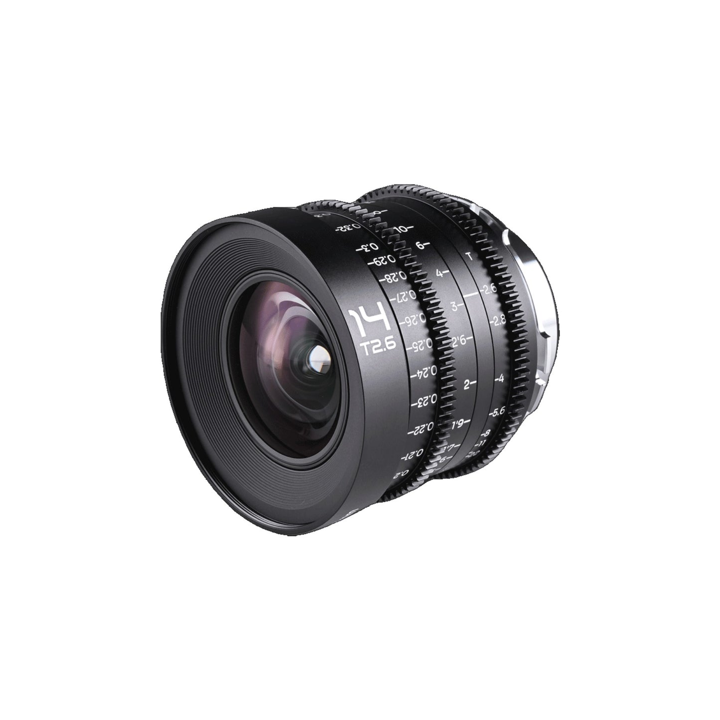 Laowa 14mm T2.6 angled 3/4 view with front glass element and hood prominent, showing focus calibration markings and barrel bands.
