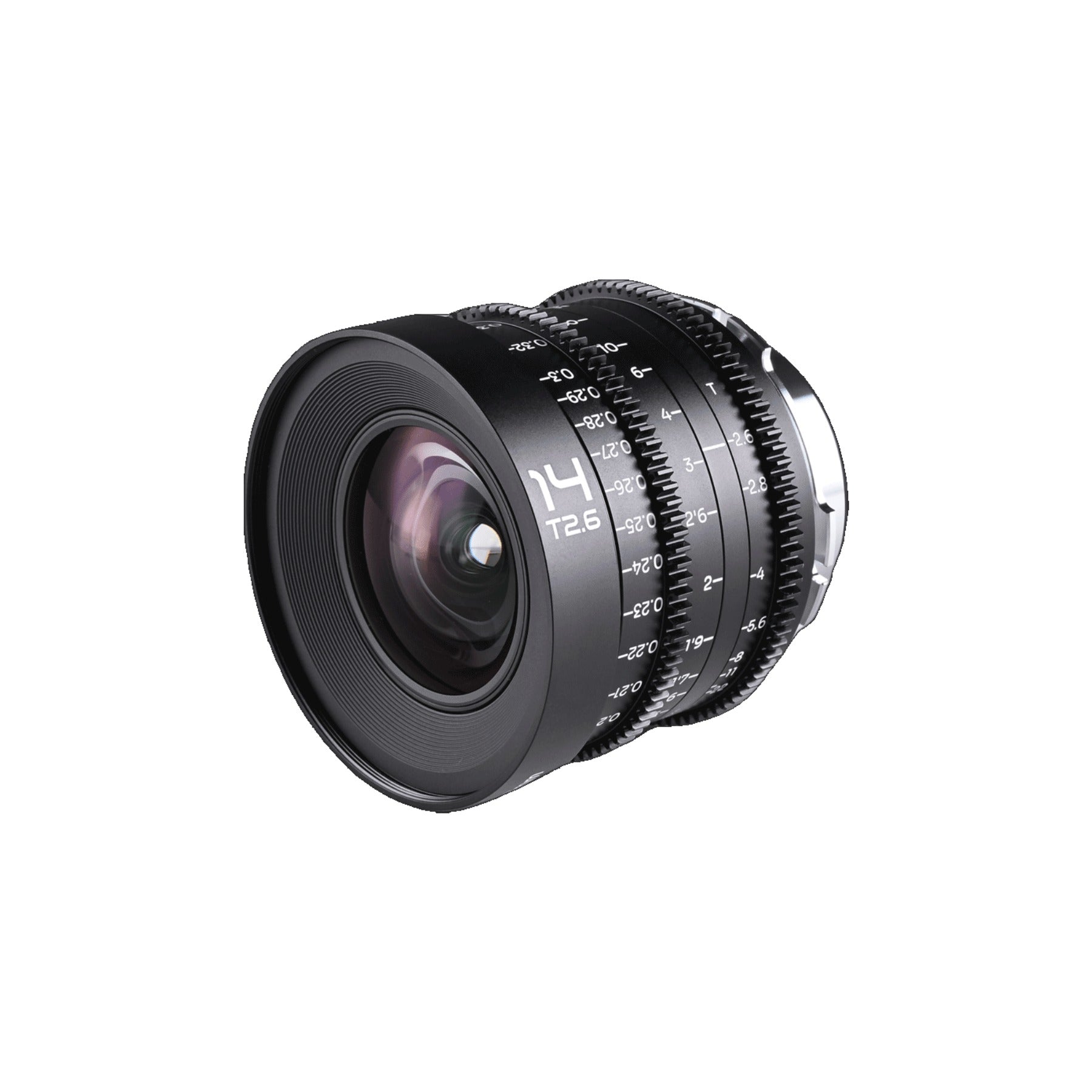 Laowa 14mm T2.6 angled 3/4 view with front glass element and hood prominent, showing focus calibration markings and barrel bands.