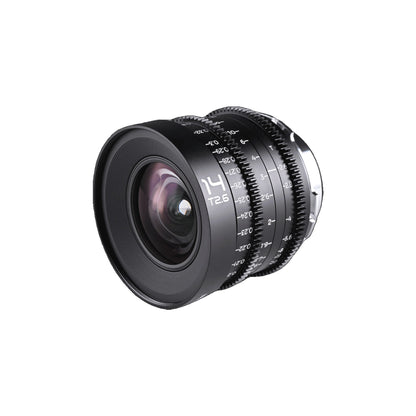Laowa 14mm T2.6 angled 3/4 view with front glass element and hood prominent, showing focus calibration markings and barrel bands.