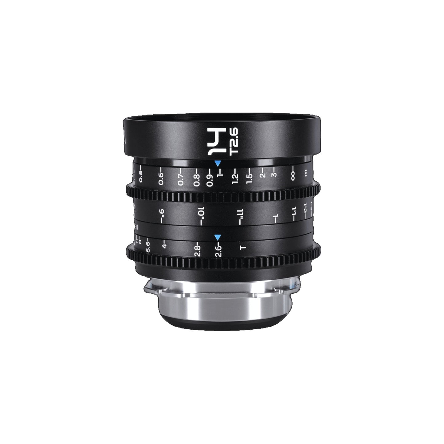 Laowa 14mm T2.6 Zero-D lens positioned vertically against white background showing full barrel, focus and iris rings, and silver mount.