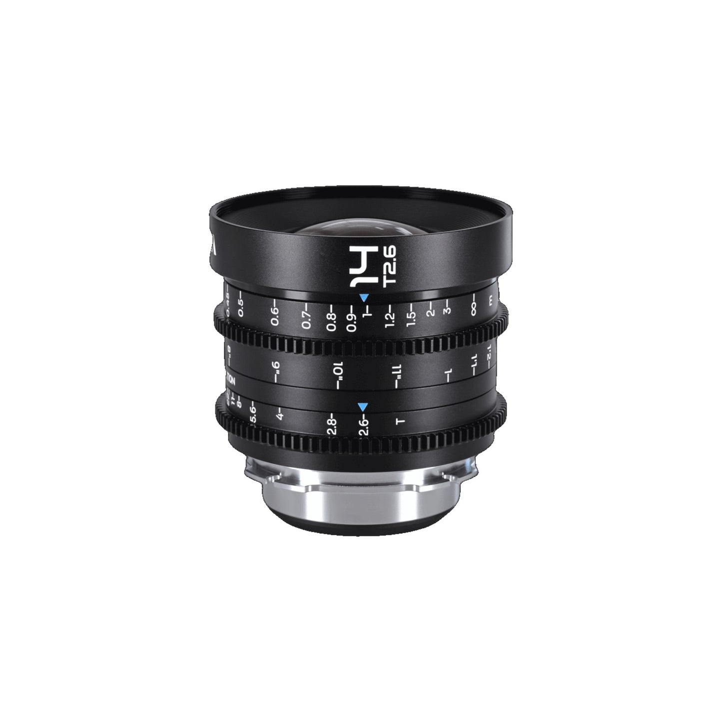 Laowa 14mm T2.6 with lens hood extended, positioned vertically on white background, showing complete barrel and mount in sharp focus.