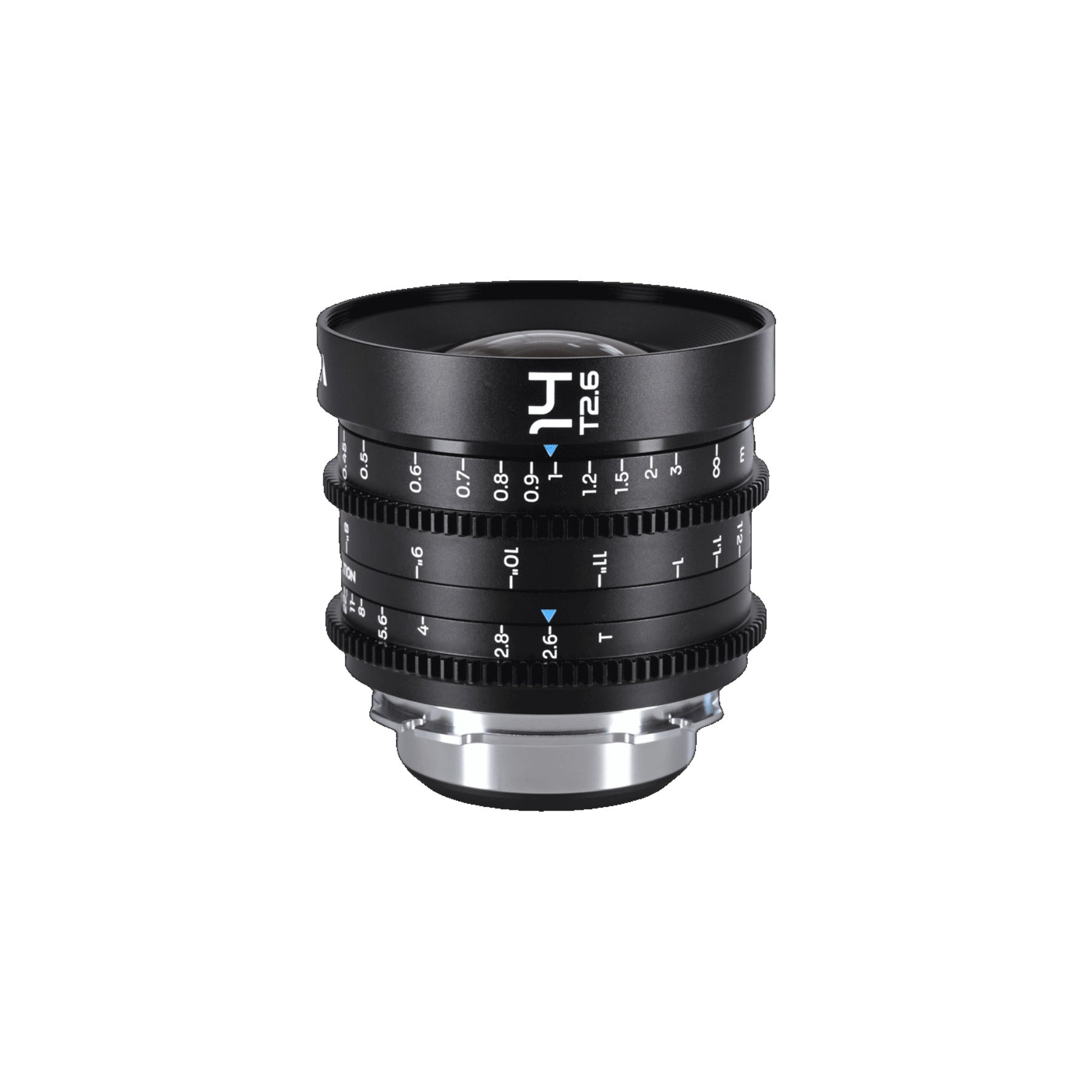 Laowa 14mm T2.6 with lens hood extended, positioned vertically on white background, showing complete barrel and mount in sharp focus.