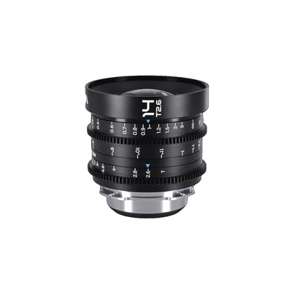 Laowa 14mm T2.6 with lens hood extended, positioned vertically on white background, showing complete barrel and mount in sharp focus.
