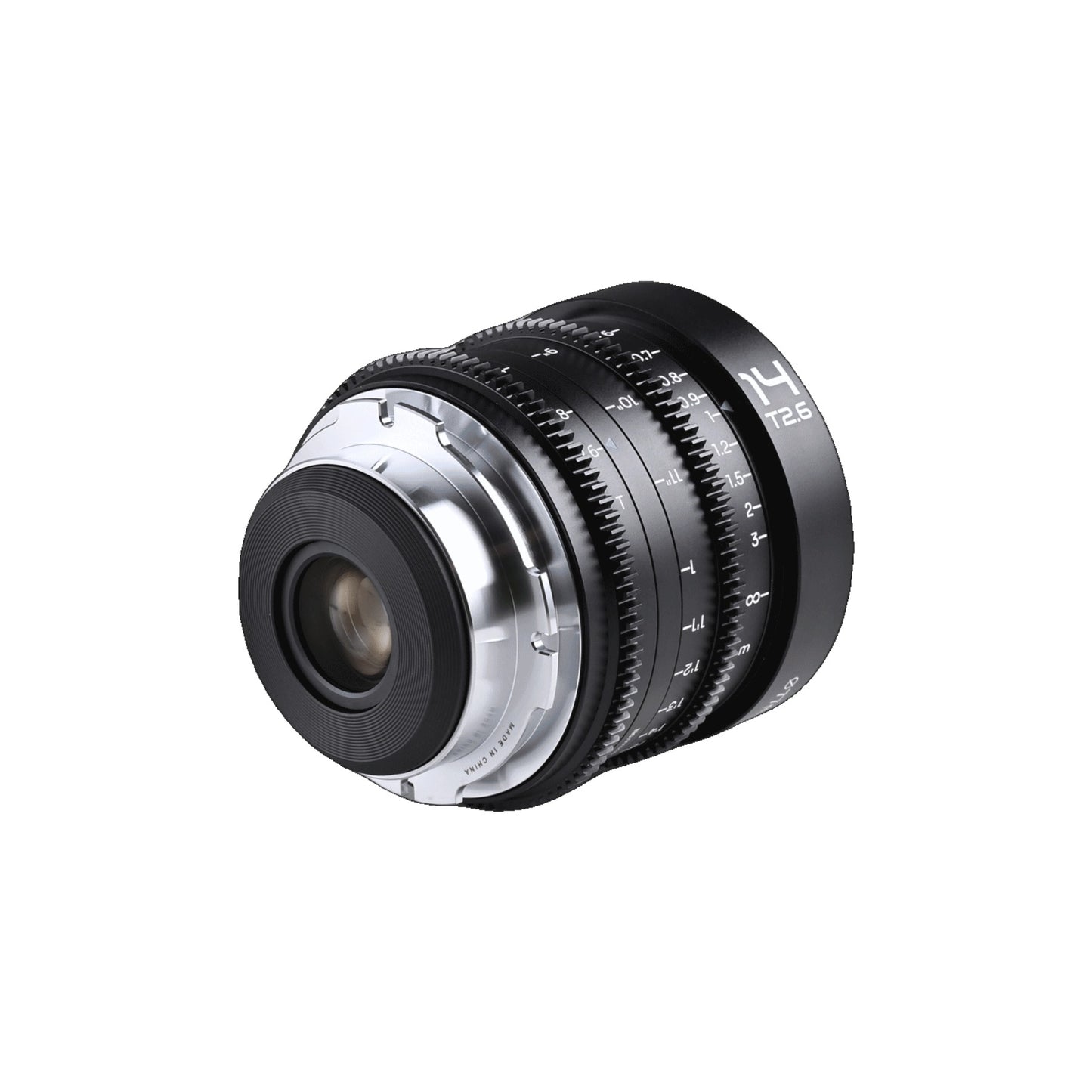 Laowa 14mm T2.6 shot at 45-degree angle showing recessed front glass element, barrel bands, and silver mount against white background.