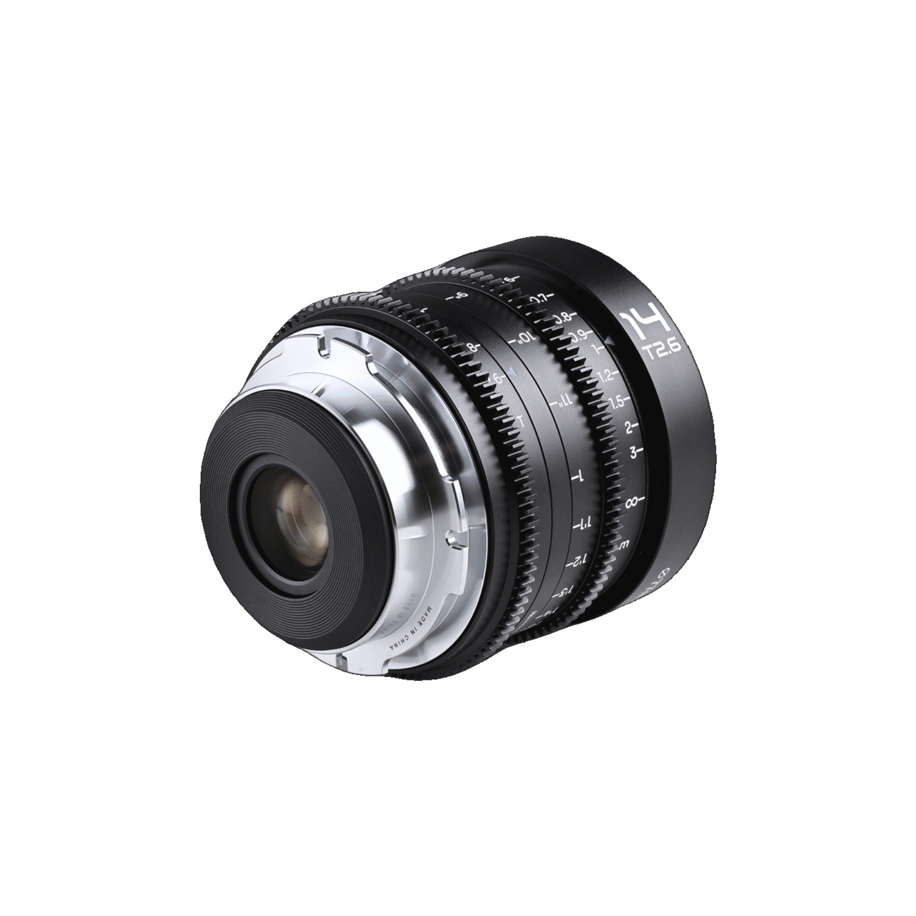 Laowa 14mm T2.6 shot at 45-degree angle showing recessed front glass element, barrel bands, and silver mount against white background.