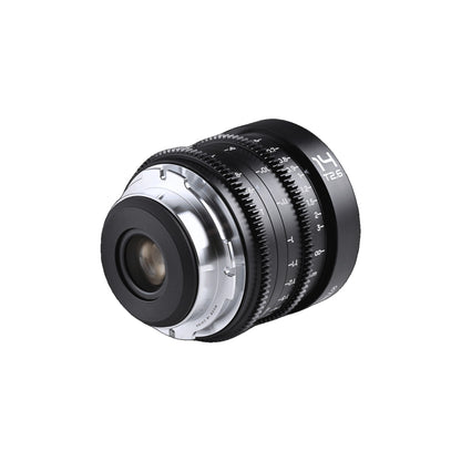 Laowa 14mm T2.6 shot at 45-degree angle showing recessed front glass element, barrel bands, and silver mount against white background.