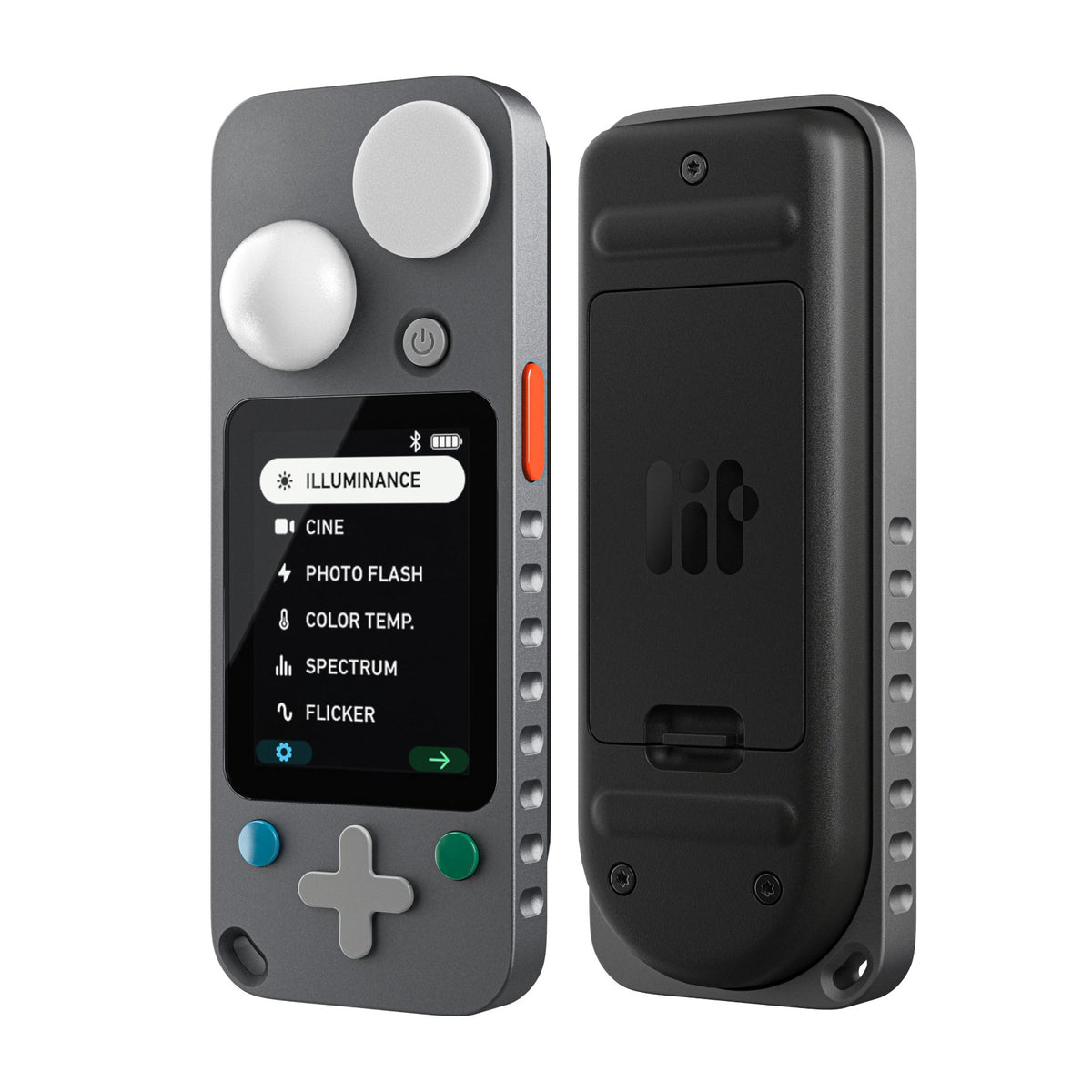 Front and back faces of Lit Duo 1 displayed side-by-side against white background, showing sensor spheres, screen, controls on front and rear panel design on back.