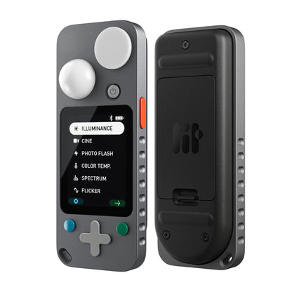 Front and back faces of Lit Duo 1 displayed side-by-side against white background, showing sensor spheres, screen, controls on front and rear panel design on back.