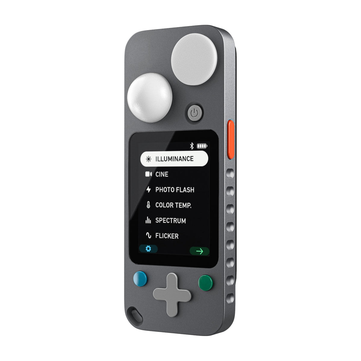 Lit Duo 1 light meter displayed front-facing on white background showing dual white spheres, touchscreen menu, and control buttons.