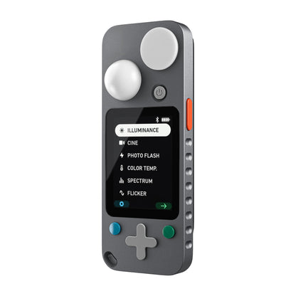 Lit Duo 1 light meter displayed front-facing on white background showing dual white spheres, touchscreen menu, and control buttons.