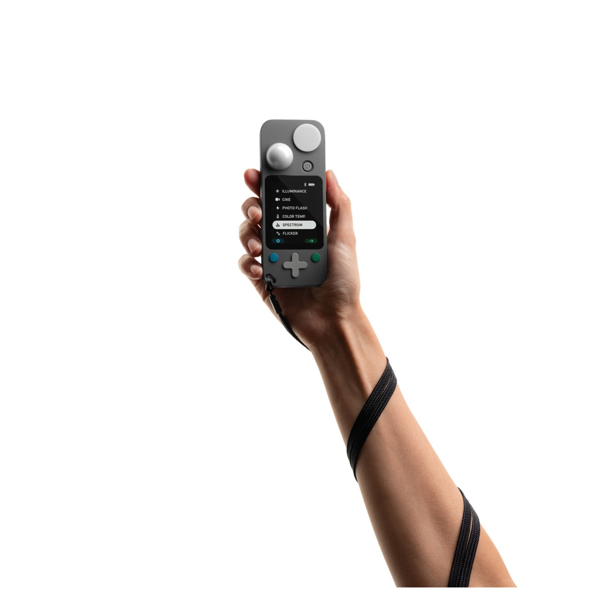 Person holding Lit Duo 1 with arm extended upward against white background, displaying front of device with menu screen visible.