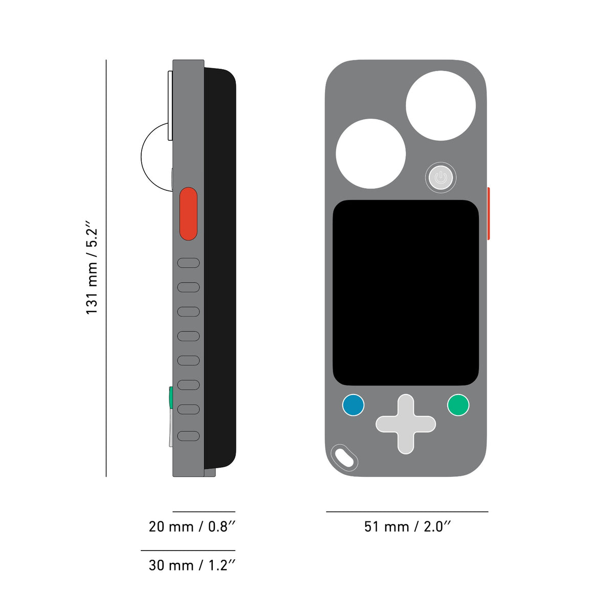 Technical diagram showing Lit Duo 1 side profile and front view with dimension measurements (131mm height, 20mm depth, 51mm width) and scale reference.