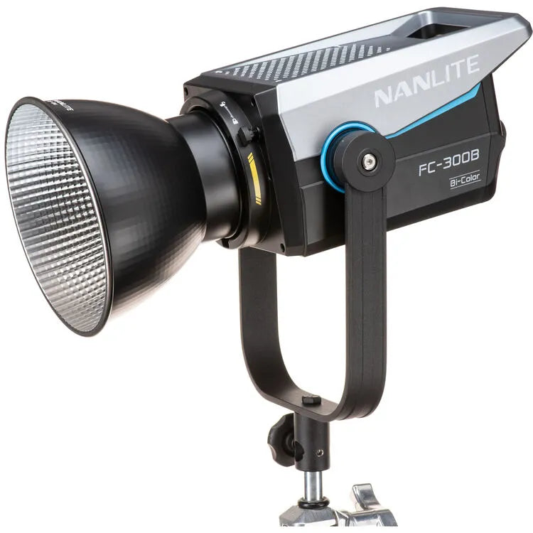 Nanlite FC-300B Bi-Color LED light shown mounted on a stand with reflector attached, angled side view.