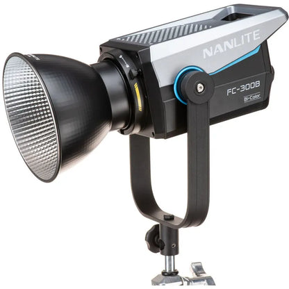 Nanlite FC-300B Bi-Color LED light shown mounted on a stand with reflector attached, angled side view.