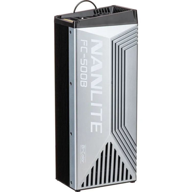 Nanlite FC-500B bi-colour power supply unit standing upright with silver and black housing.