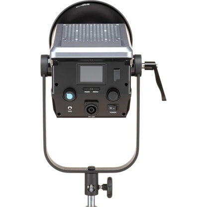 Rear control panel of the Nanlite FC-500B showing LCD screen, mode dial, DMX ports and power inputs.